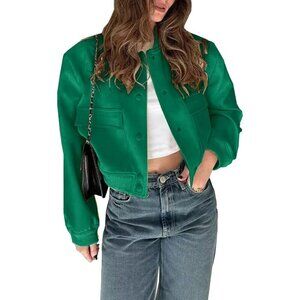 🆕Women's Dark green Cropped Bomber Jacket Button Down Varsity Shacket Pockets